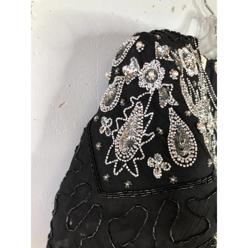 Laurence Kazar Vintage Short Sleeve silk top, Beaded, Black & Silver, Sz L - Picture 5 of 11